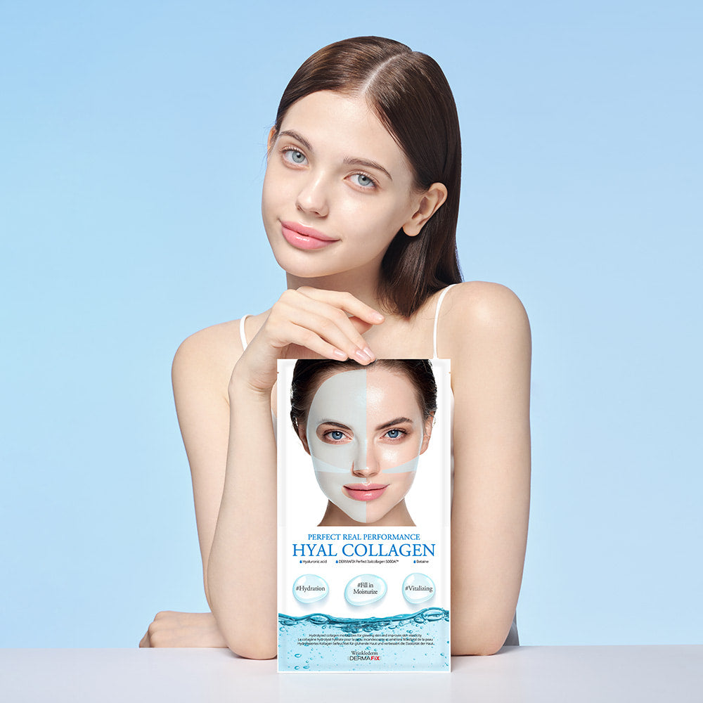 Model holding Dermafix HYAL Collagen Mask packaging, promoting skin hydration and moisture care.