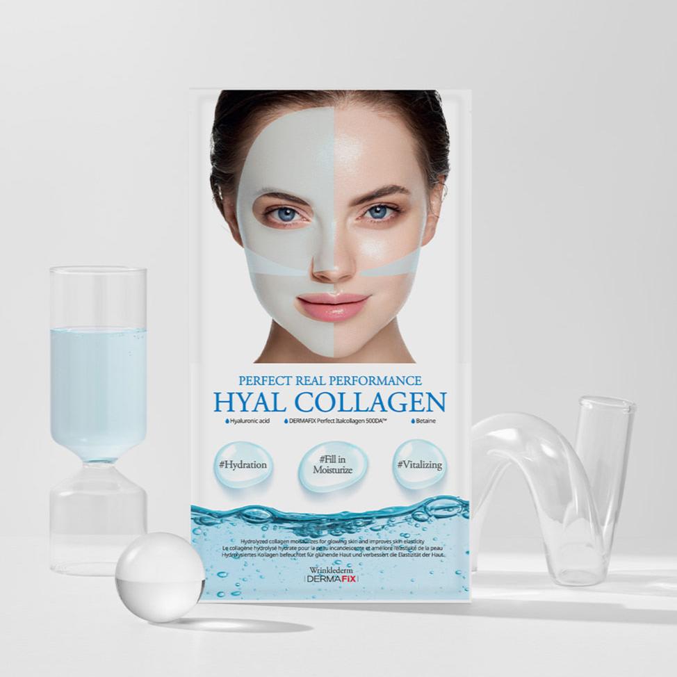 Dermafix HYAL Collagen Mask with blue hydration-themed packaging for deep moisture and skin revitalization.