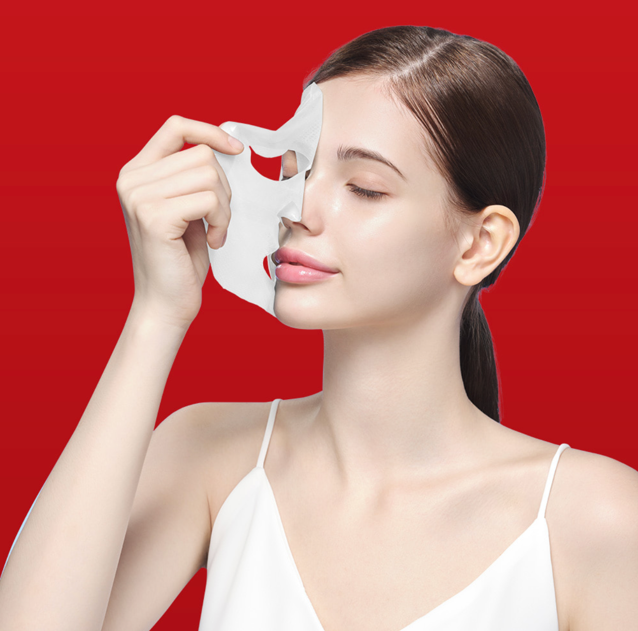 Model applying Dermafix Real Collagen Mask sheet with anti-wrinkle and lifting benefits.