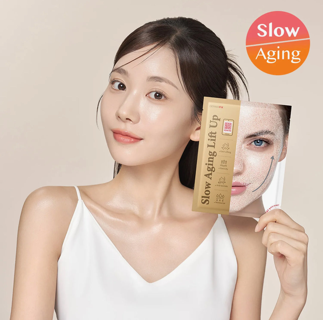 Model holding Dermafix Slow Aging Mask package, showing the lifting design on the face.