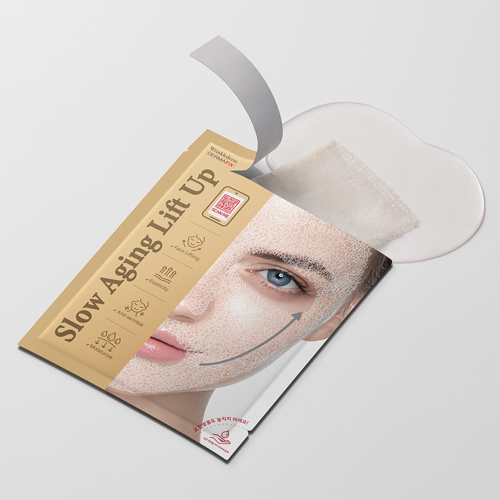 Open Dermafix Slow Aging Mask pouch with sheet mask and essence partially pulled out.