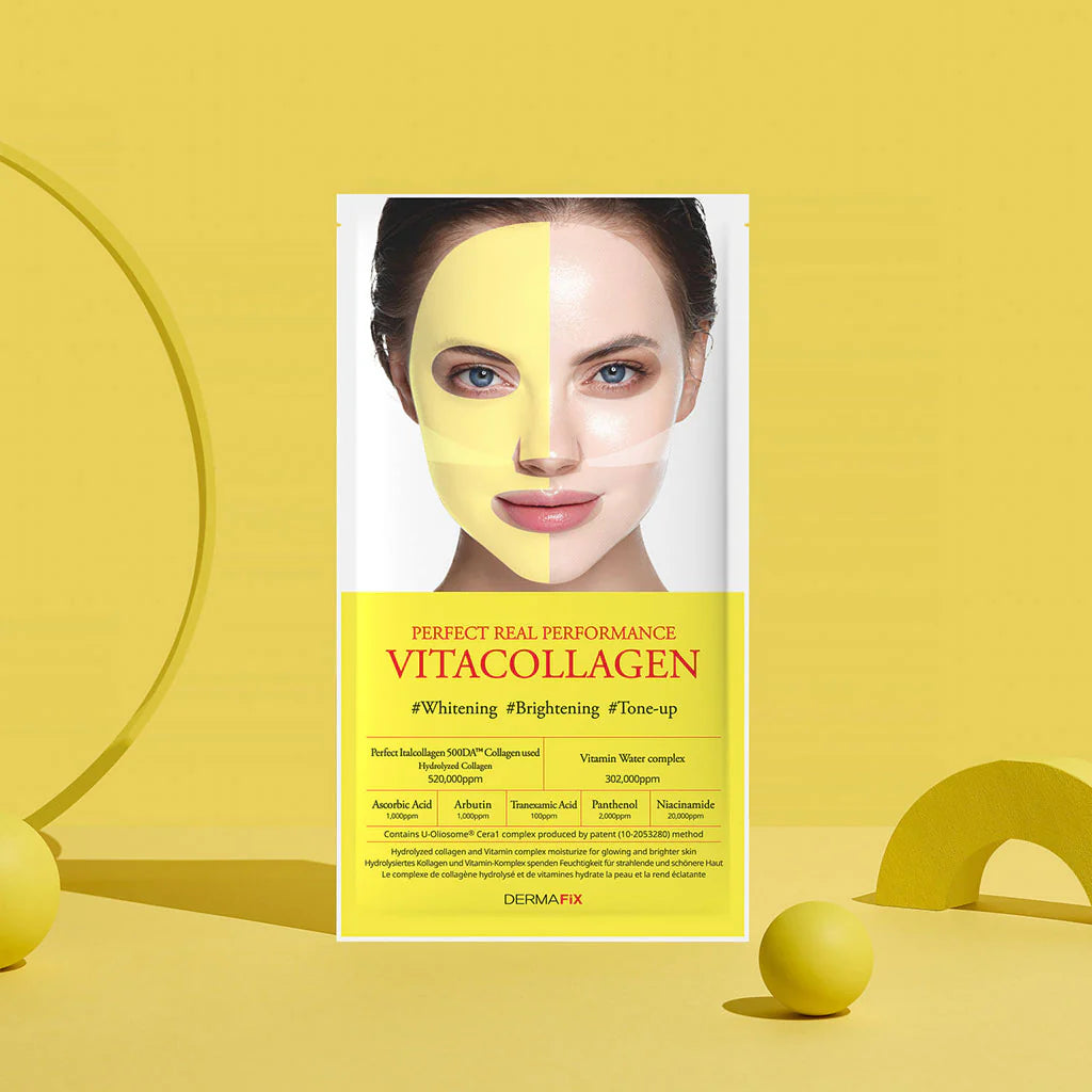 Dermafix VITA Collagen mask for tone-up, brightening, and whitening with dual-tone design on yellow background.