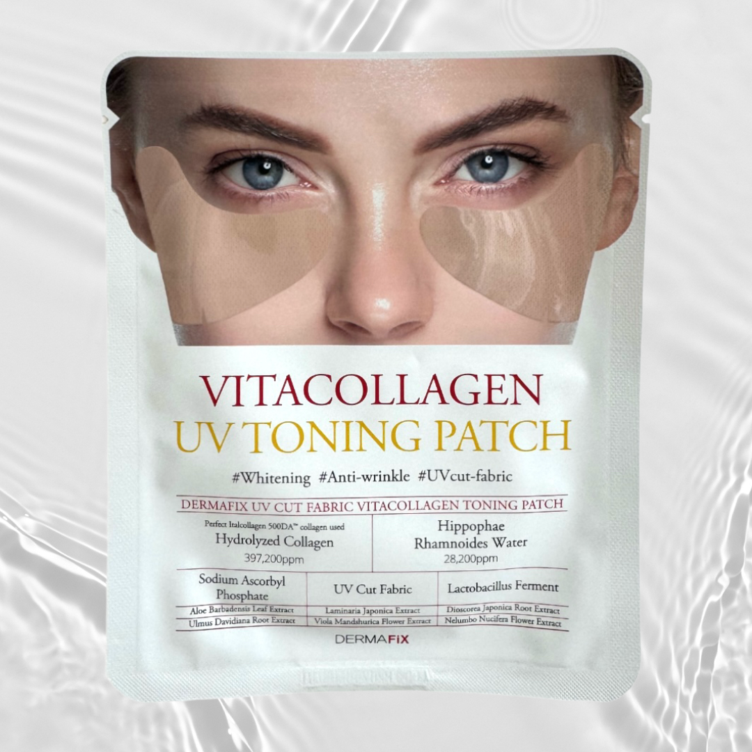 Dermafix VITACOLLAGEN UV Toning Patch product flatlay on water ripple background.