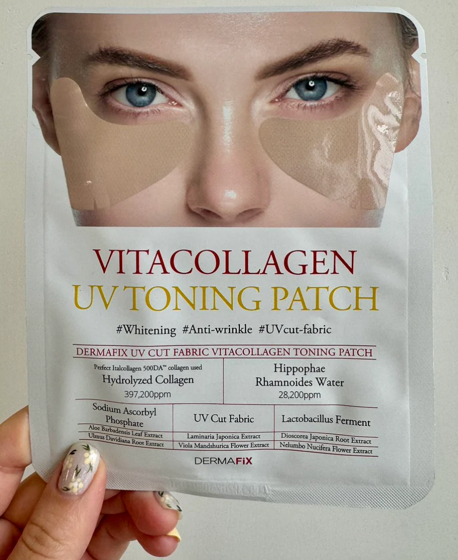 VITACOLLAGEN UV Toning Patch held by hand, showing product packaging and ingredients list.