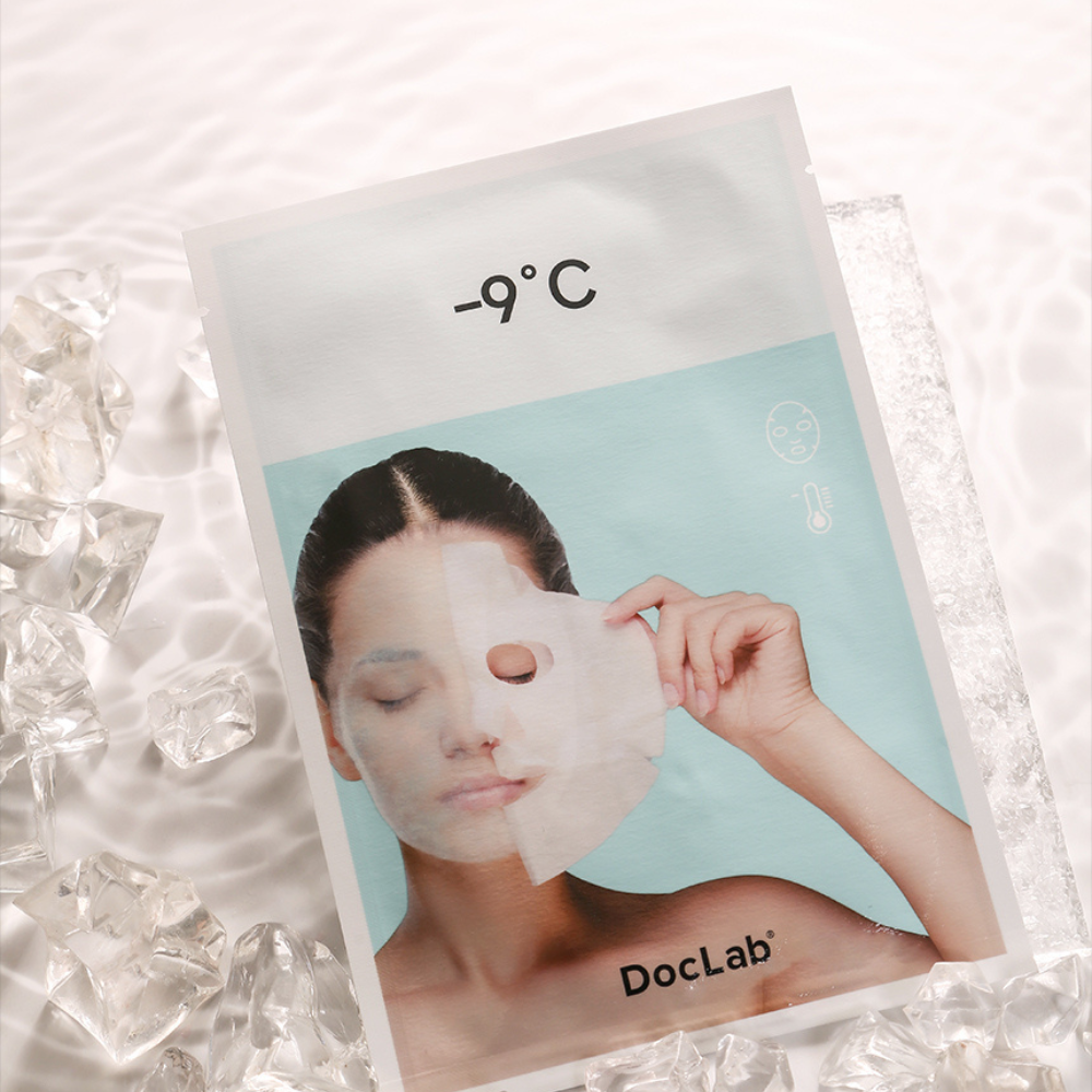 Doclab -9°C cooling sheet mask for soothing and refreshing skin, shown on ice with minimal packaging design.