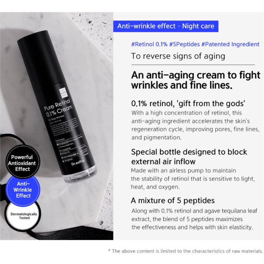 Dr. Esthé Retinol Cream highlights anti-wrinkle and antioxidant benefits with 5 peptides and airless pump.