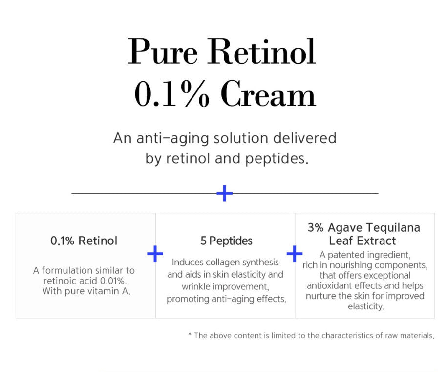 Anti-aging retinol cream with patented 0.1% retinol, 5 peptides, and agave leaf for firm, youthful skin.