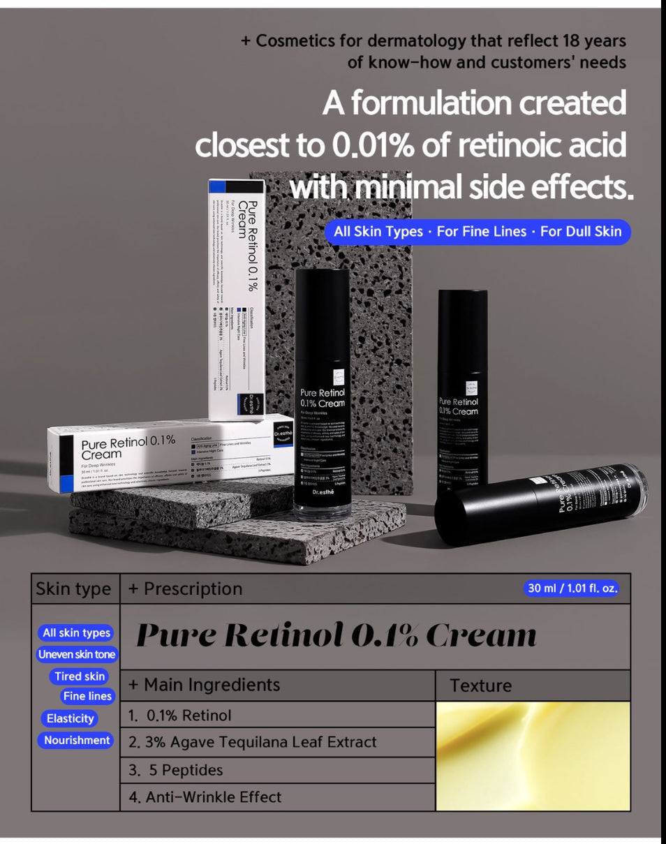 Dr. Esthé Pure Retinol Cream with 0.1% retinol, peptides, and agave extract for elasticity and fine lines.
