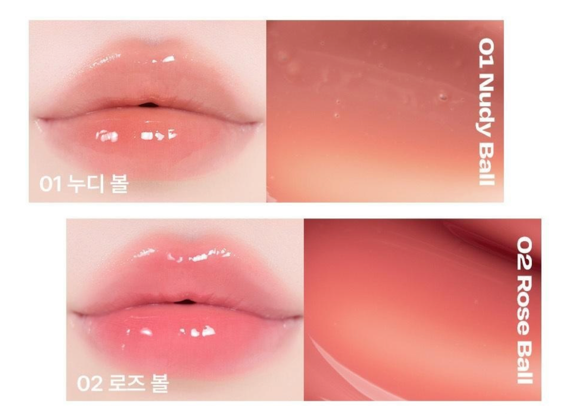 Alternative Stereo Lip Potion Sugar Glaze swatches in 01 Nudy Ball and 02 Rose Ball – glossy natural lip colors