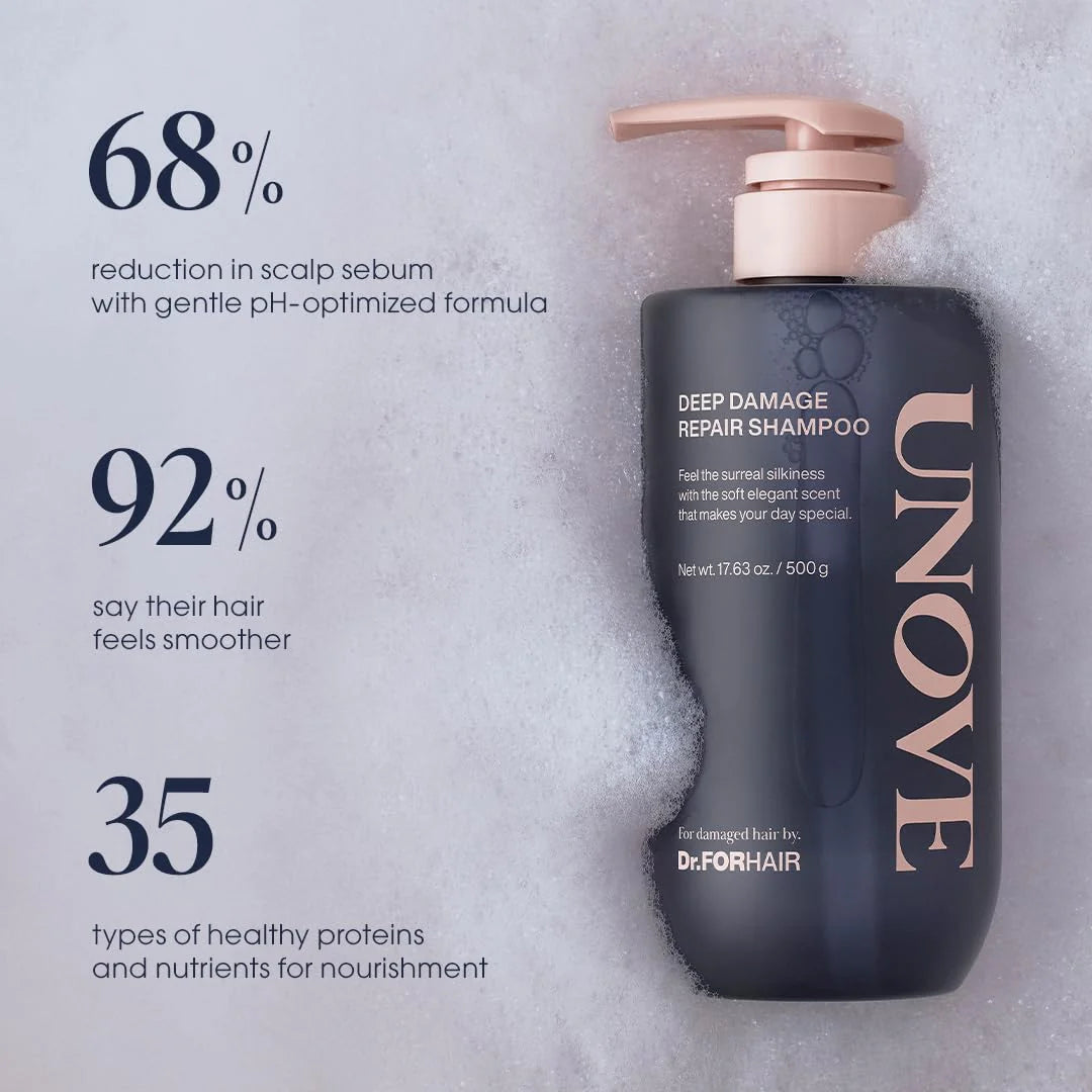 UNOVE Deep Damage Shampoo highlighting smoother hair and reduced scalp sebum.
