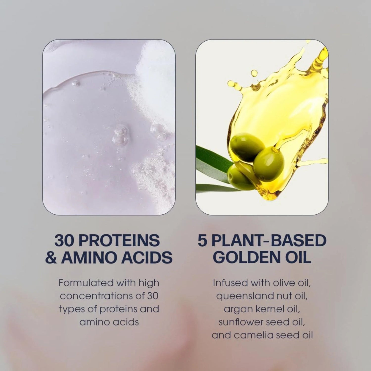 UNOVE shampoo key ingredients including 30 proteins and 5 plant-based oils.
