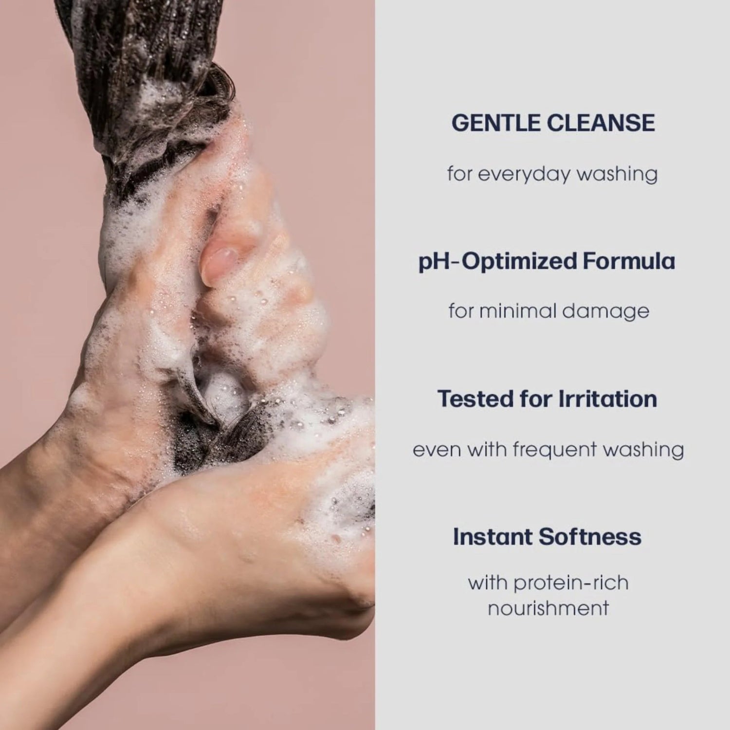 UNOVE shampoo gently cleansing hair with rich lather and protein-rich formula.