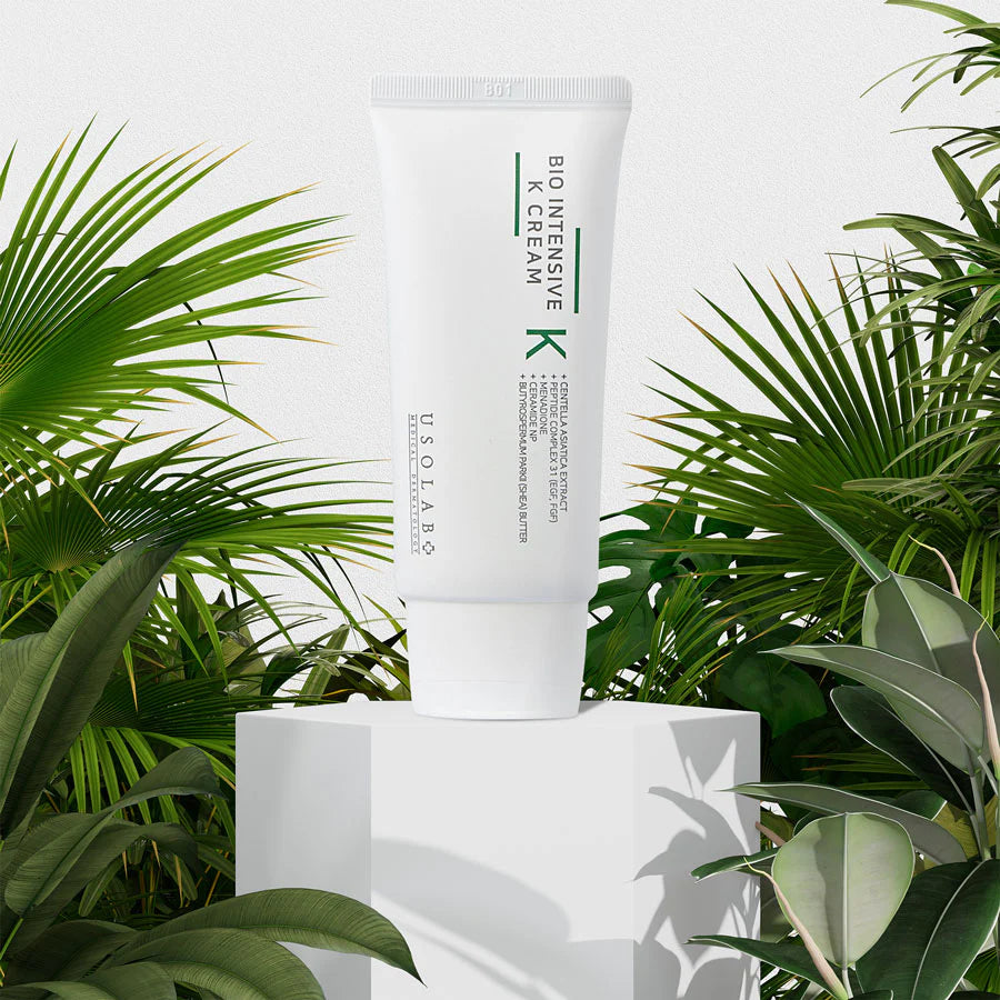 USOLAB BIO Intensive K Cream displayed with green plants, highlighting soothing and hydrating benefits.